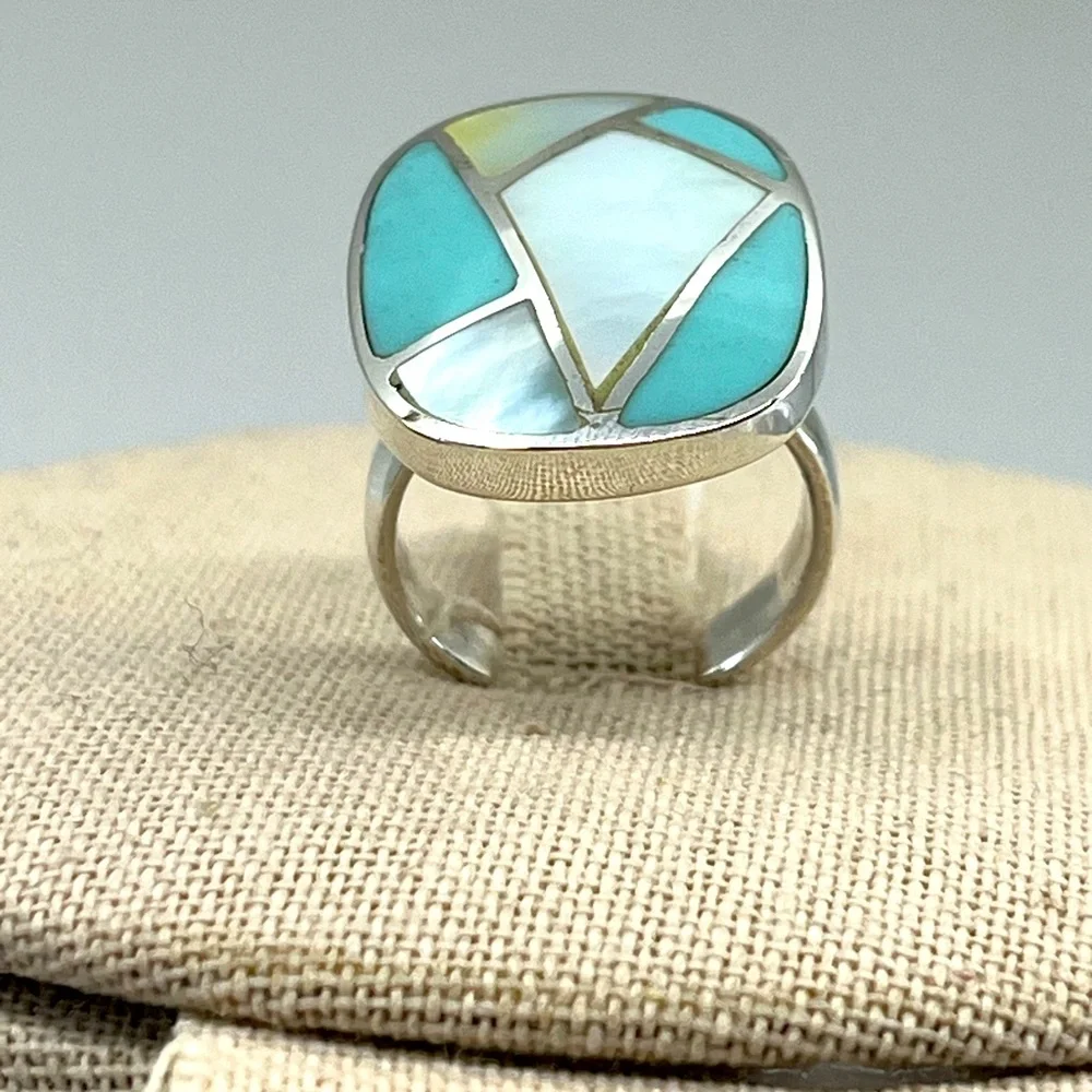 Vintage Thai 925 Sterling Silver Natural Turquoise MOP Inlay Ring Size 6 - Picture 1 of 16